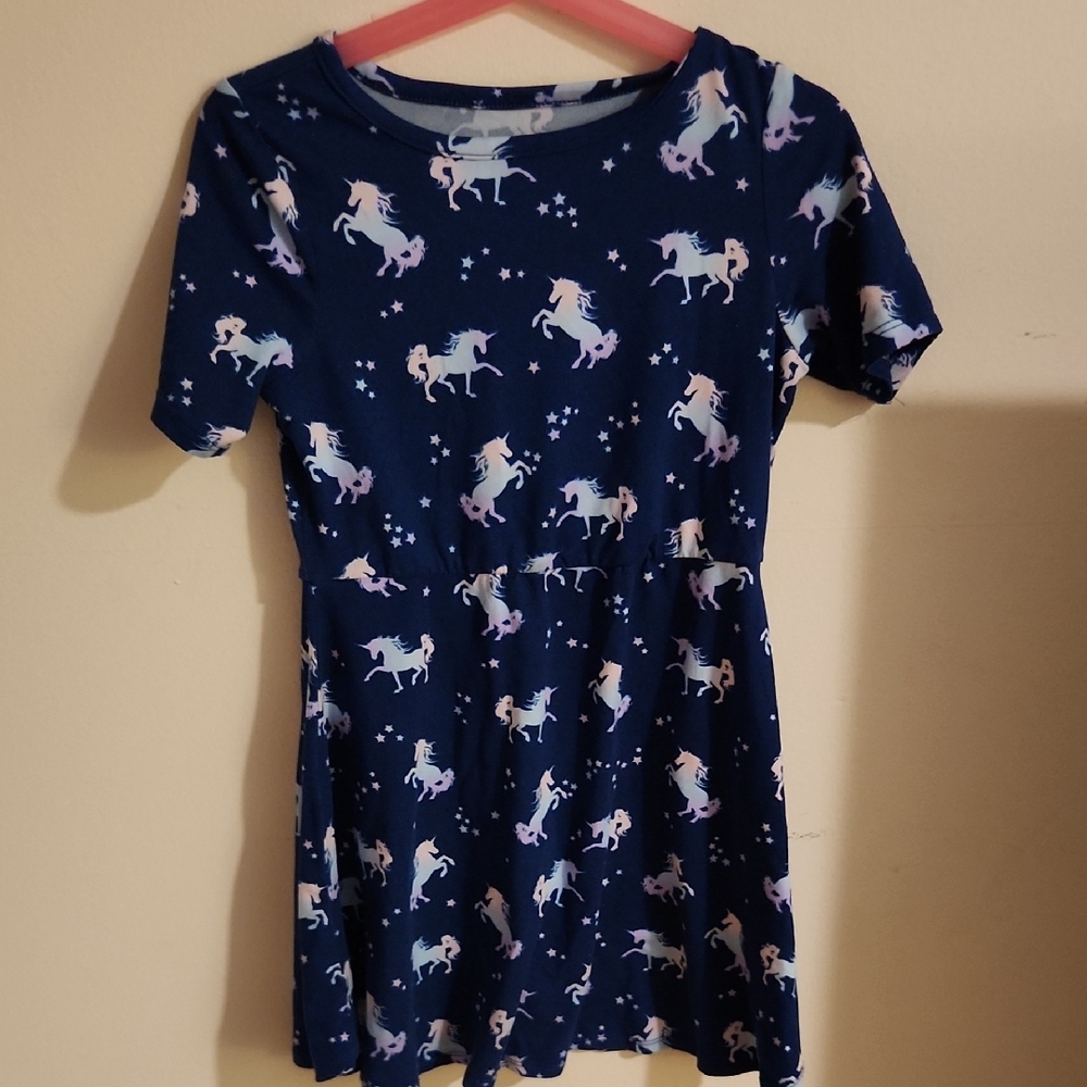 Unicorn Print Kids Dress - Navy Blue